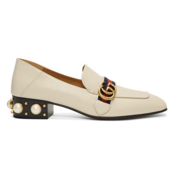 Gucci Peyton GG logo grosgrain pearl collapsible heel leather loafers pumps - Picture 1 of 6
